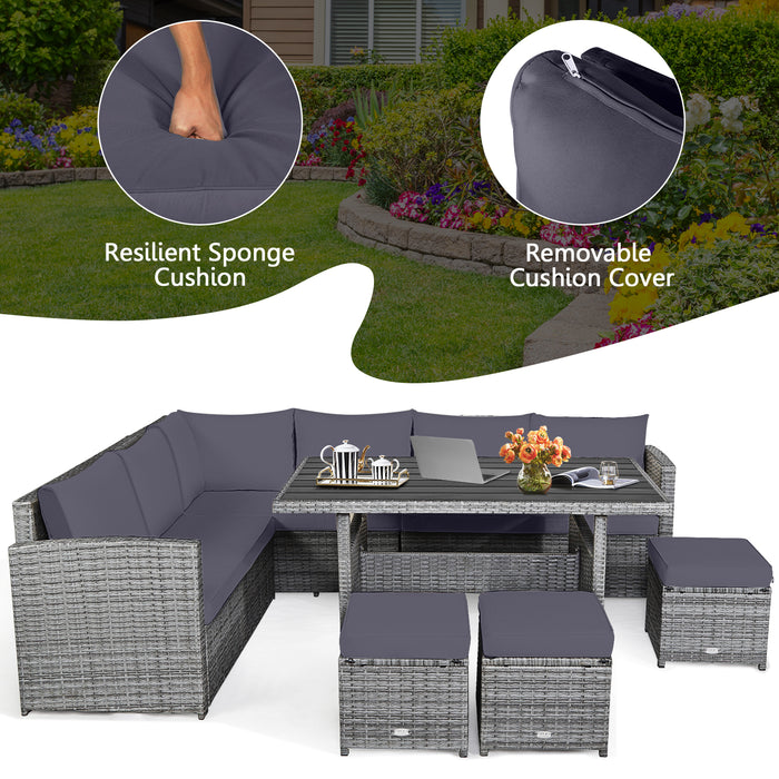 7 Pieces Patio Rattan Dining Furniture Sectional Sofa Set with Wicker Ottoman-Gray