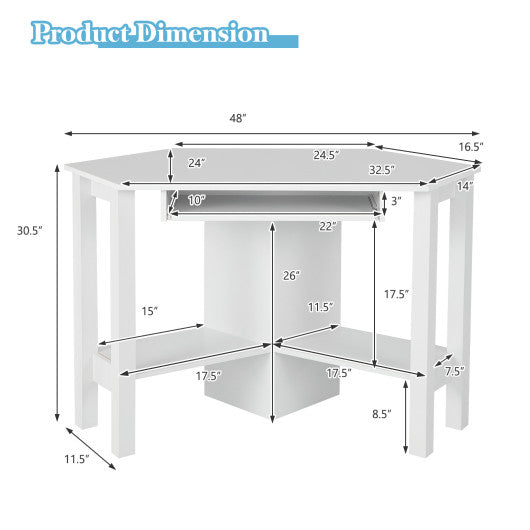 Wooden Study Computer Corner Desk with Drawer-White