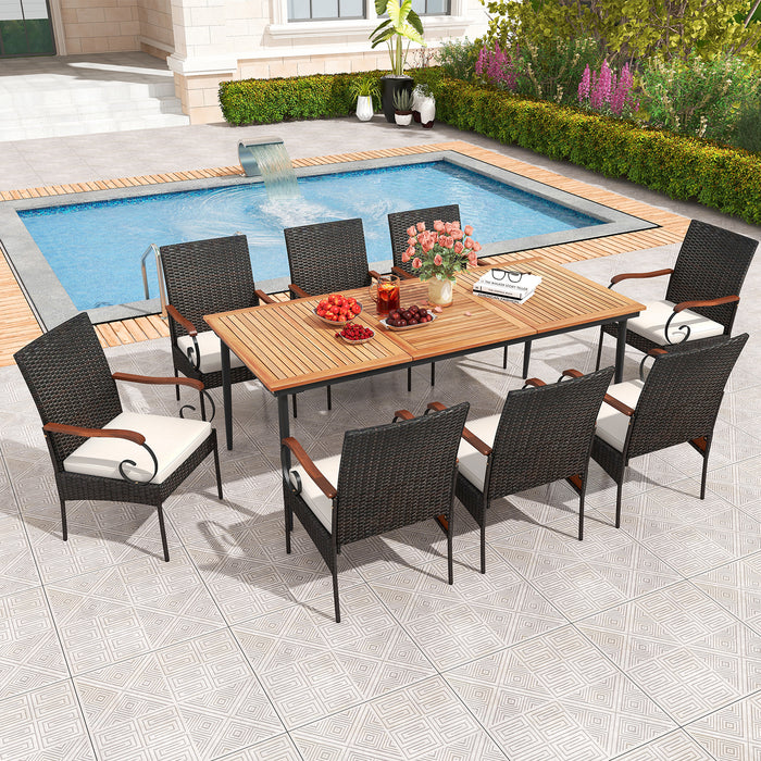 79 Inch Outdoor Dining Table and 8 Rattan-woven Dining Chairs with Acacia Wood Tabletop