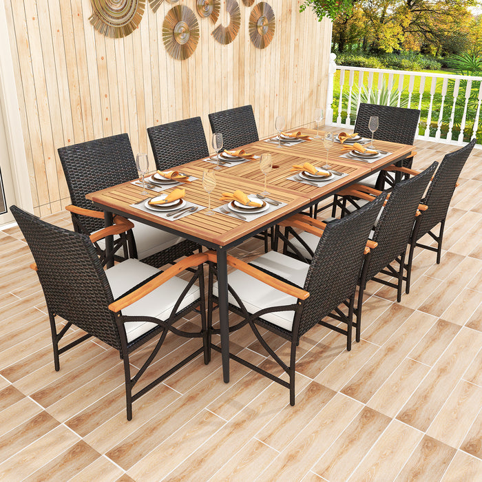 79 Inch Outdoor Acacia Wood Dining Table and 8 Rattan-woven Dining Chairs with Umbrella Hole