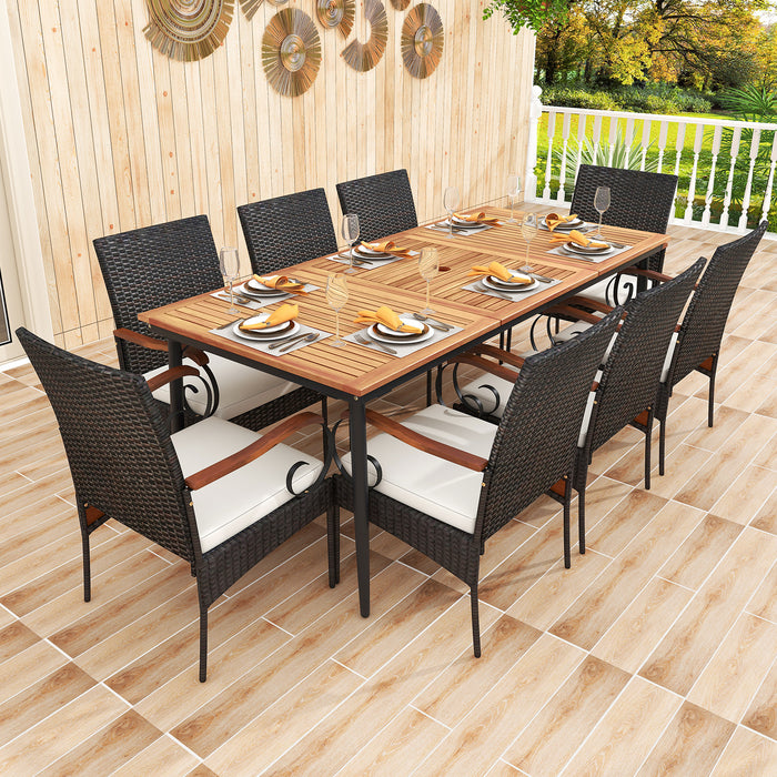 79 Inch Outdoor Dining Table and 8 Rattan-woven Dining Chairs with Acacia Wood Tabletop