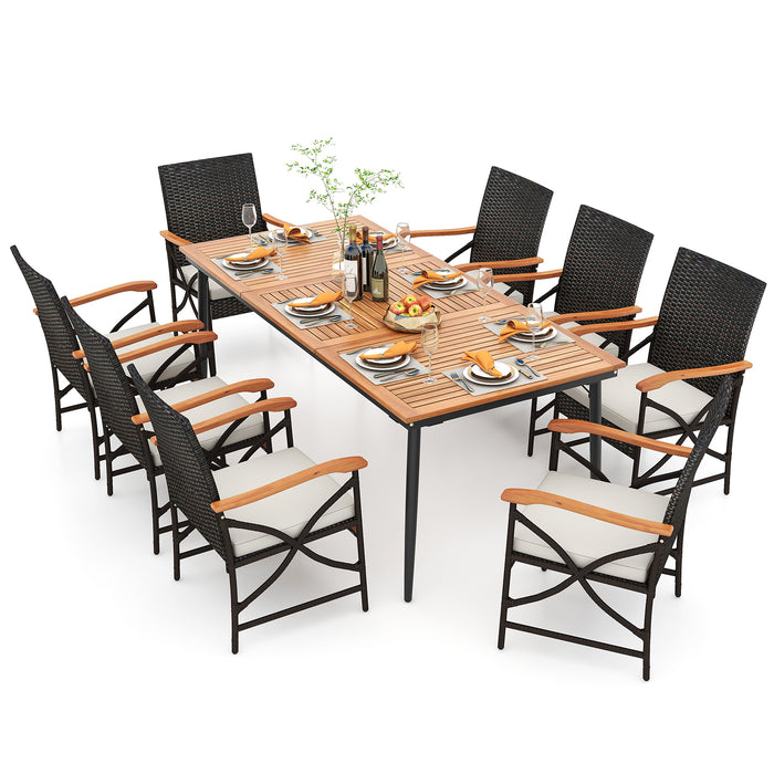 79 Inch Outdoor Acacia Wood Dining Table and 8 Rattan-woven Dining Chairs with Umbrella Hole