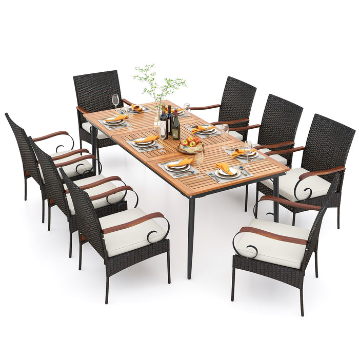 79 Inch Outdoor Dining Table and 8 Rattan-woven Dining Chairs with Acacia Wood Tabletop