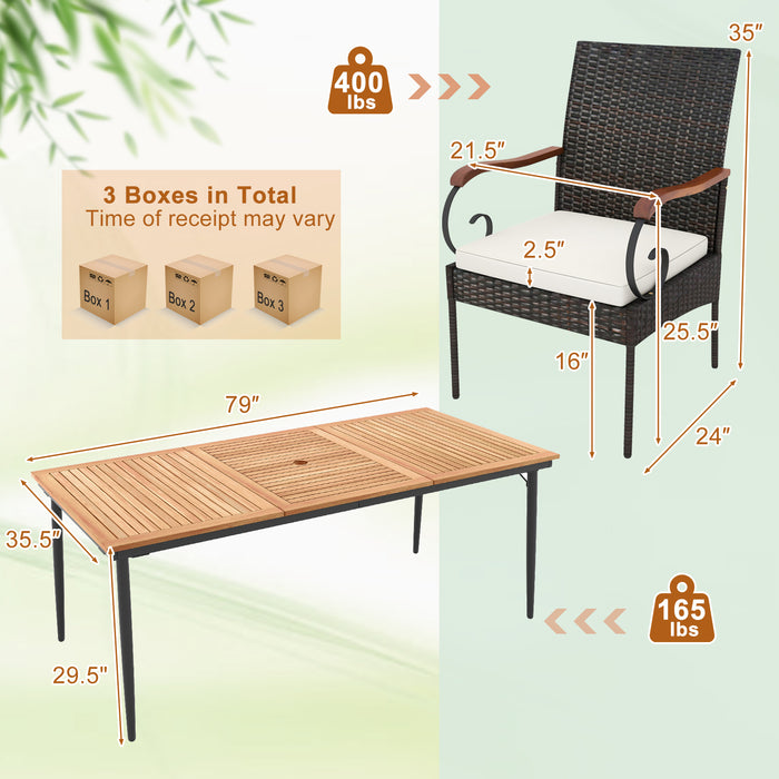 79 Inch Outdoor Dining Table and 8 Rattan-woven Dining Chairs with Acacia Wood Tabletop