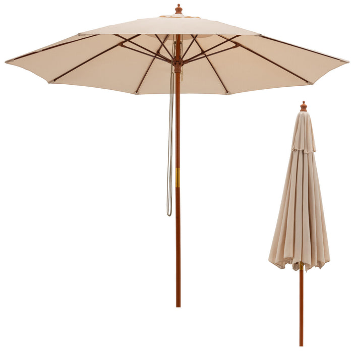 9.5 Feet Pulley Lift Round Patio Umbrella with Fiberglass Ribs-Beige