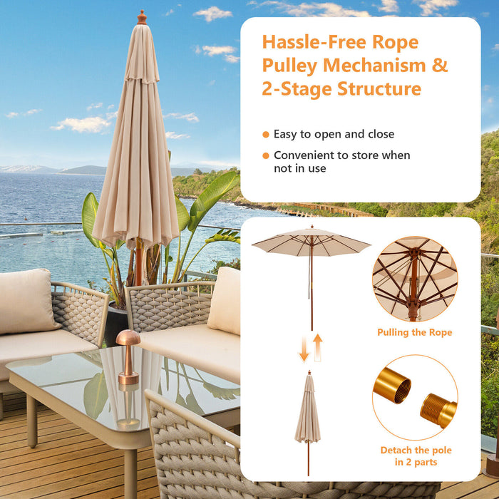 9.5 Feet Pulley Lift Round Patio Umbrella with Fiberglass Ribs-Beige