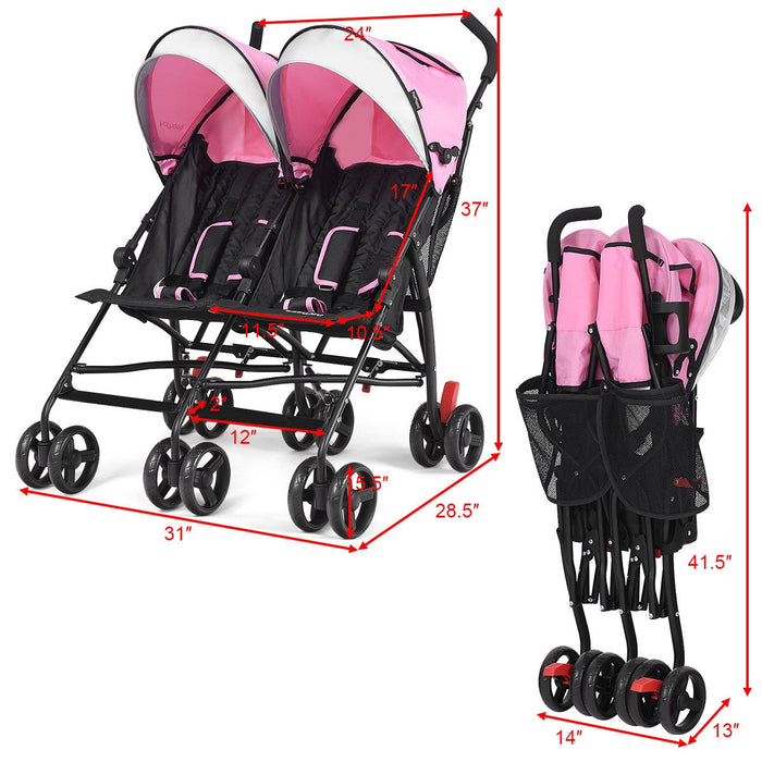 Foldable Twin Baby Double Stroller Ultralight Umbrella Kids Stroller-Pink