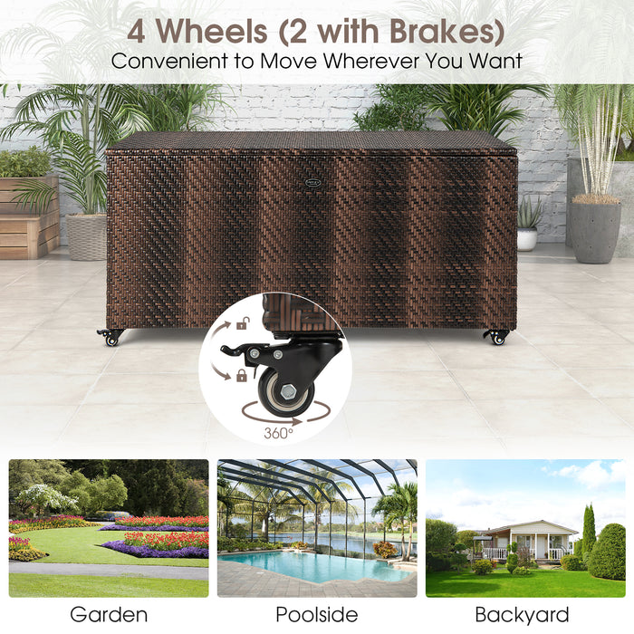 96 Gallon PE Wicker Outdoor Storage Box with 4 Wheels-Brown