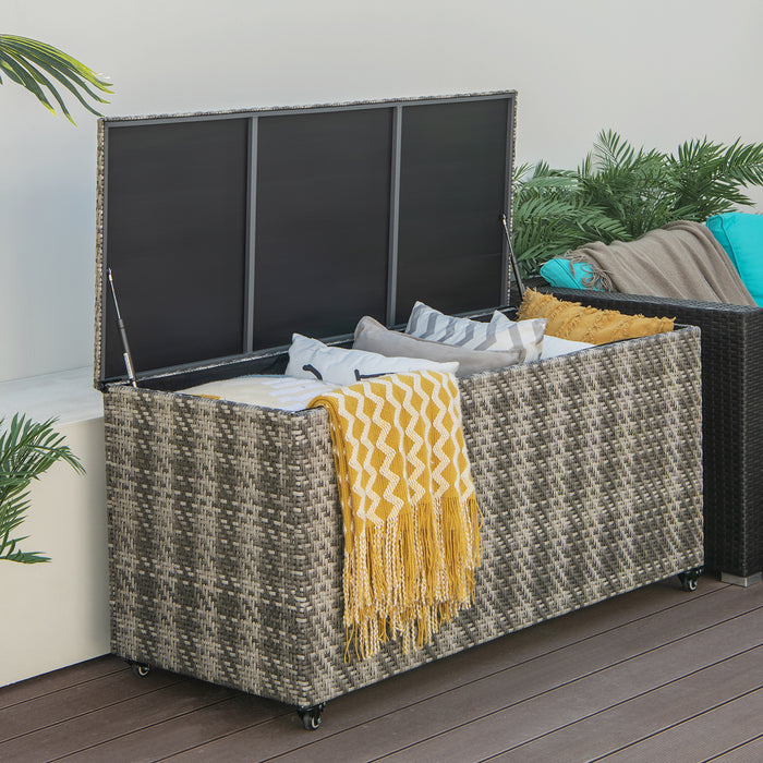 96 Gallon PE Wicker Outdoor Storage Box with 4 Wheels-Gray