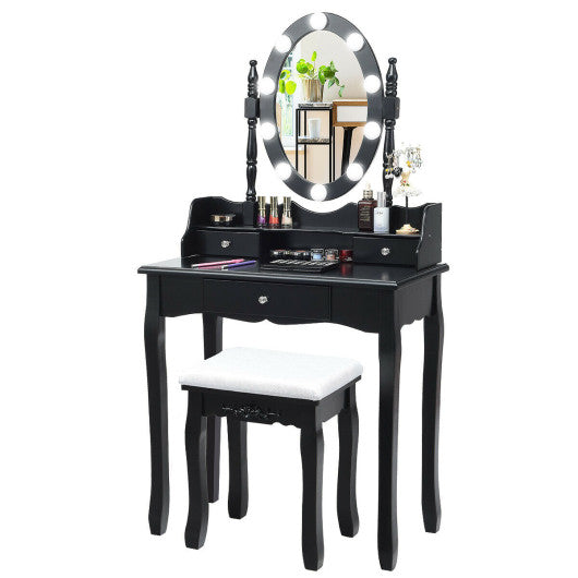 Oval Mirror Vanity Set  with 10 LED Dimmable Bulbs and 3 Drawers-Black