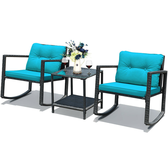 3 Pcs Wicker Rocking Bistro Set with Glass Coffee Table and Storage Shelf-Blue