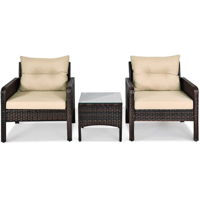 3 Pieces Outdoor Patio Rattan Conversation Set with Seat Cushions-Beige