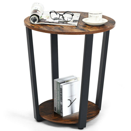 2-tier Round End Table with Storage Shelf and Metal Frame-Brown