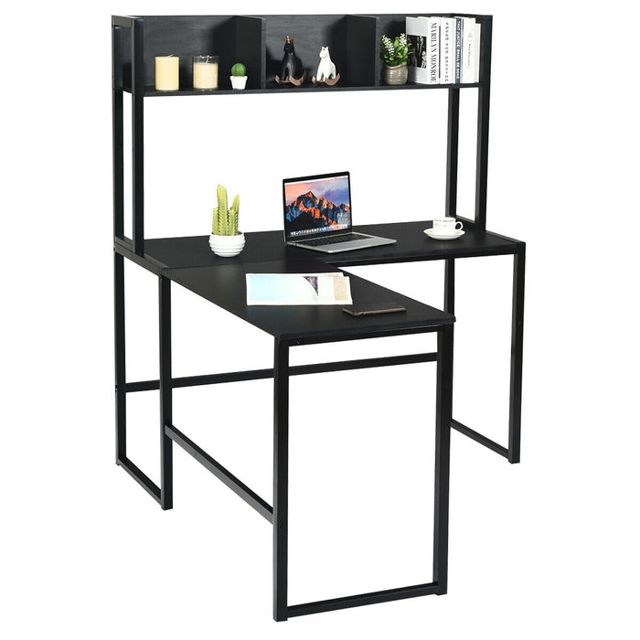 Reversible L-Shaped Corner Desk with Storage Bookshelf-Black