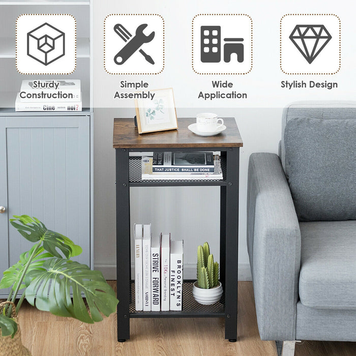 3-Tier Industrial End Table with Metal Mesh Storage Shelves