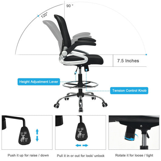 Adjustable Height Flip-Up Mesh Drafting Chair with Lumbar Support