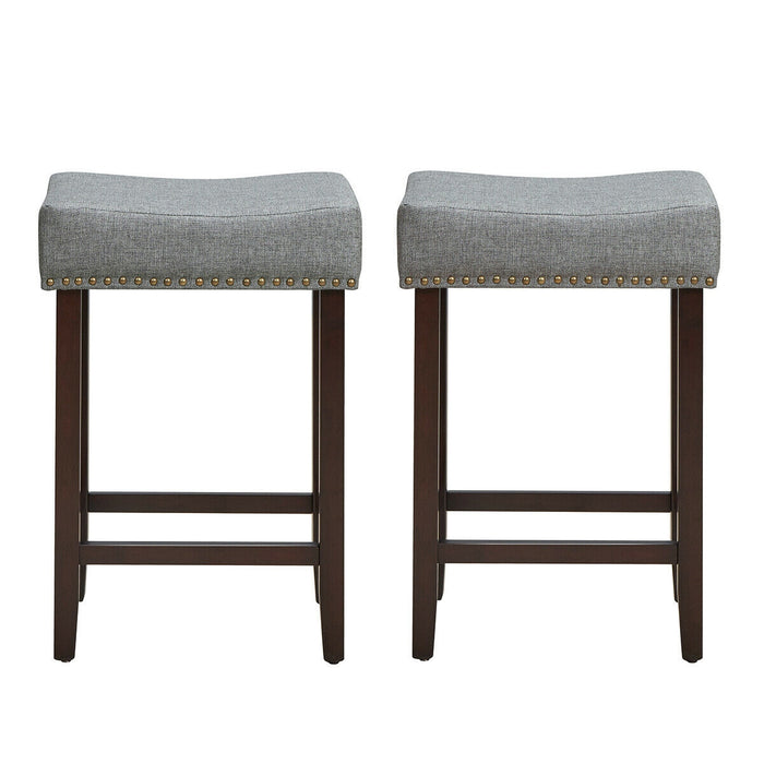 2 Pieces Nailhead Saddle Bar Stools with Fabric Seat and Wood Legs-Gray