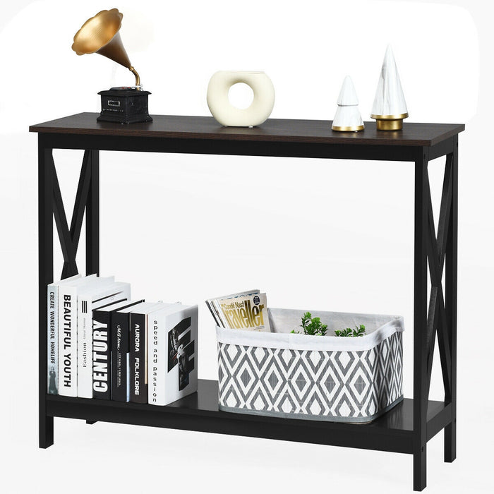 2-Tier Console X-Design Sofa Side Accent Table-Wood Grain