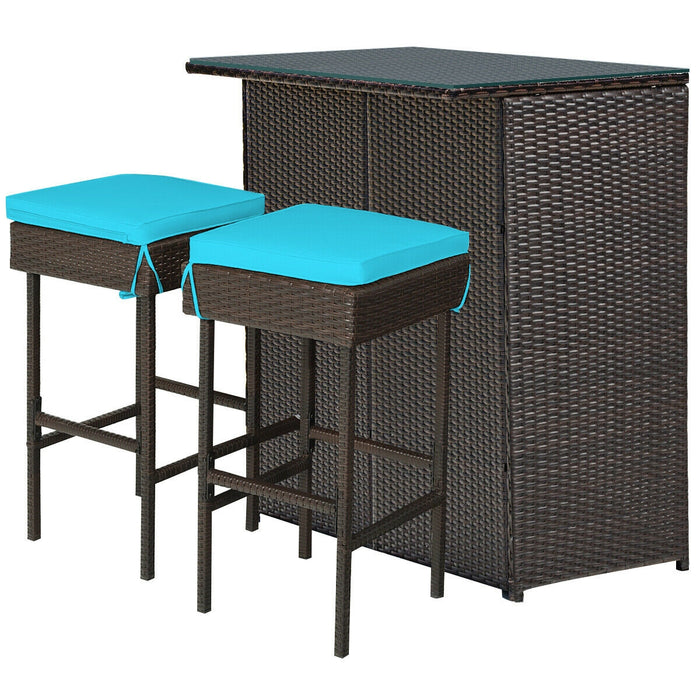 3PCS Patio Rattan Wicker Bar Table Stools Dining Set-Turquoise