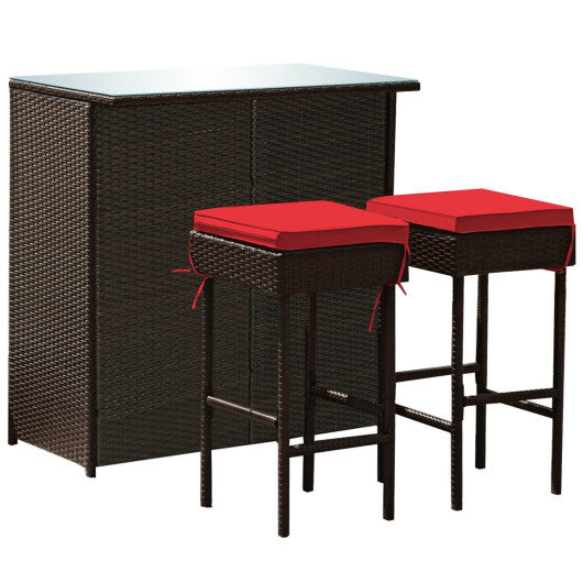 3PCS Patio Rattan Wicker Bar Table Stools Dining Set-Red