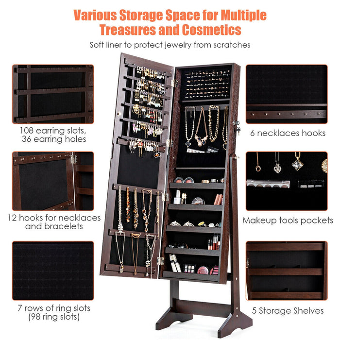 Jewelry Cabinet Stand Mirror Armoire with Large Storage Box-Brown