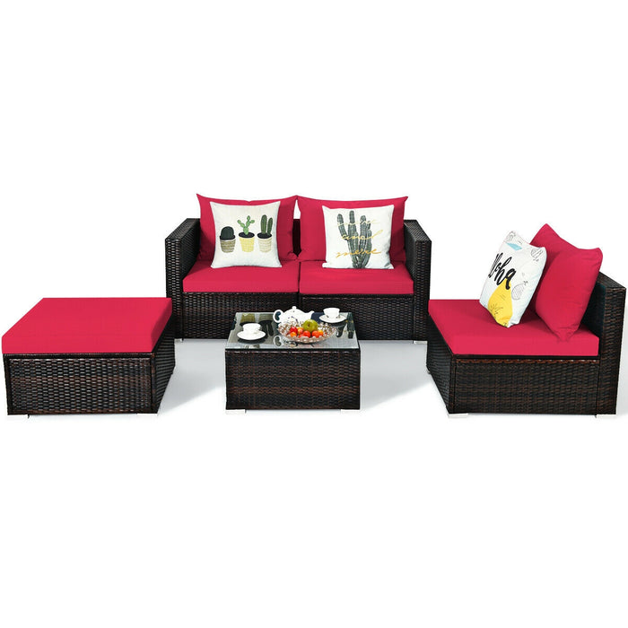 5 Pieces Patio Rattan Sectional Furniture Set with Cushions and Coffee Table-Red