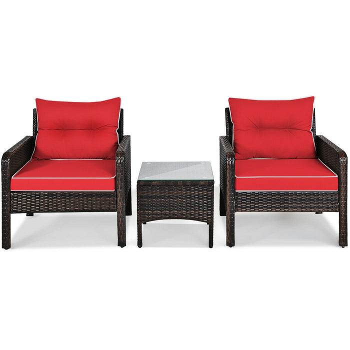 3 Pcs Outdoor Patio Rattan Conversation Set with Seat Cushions-Red