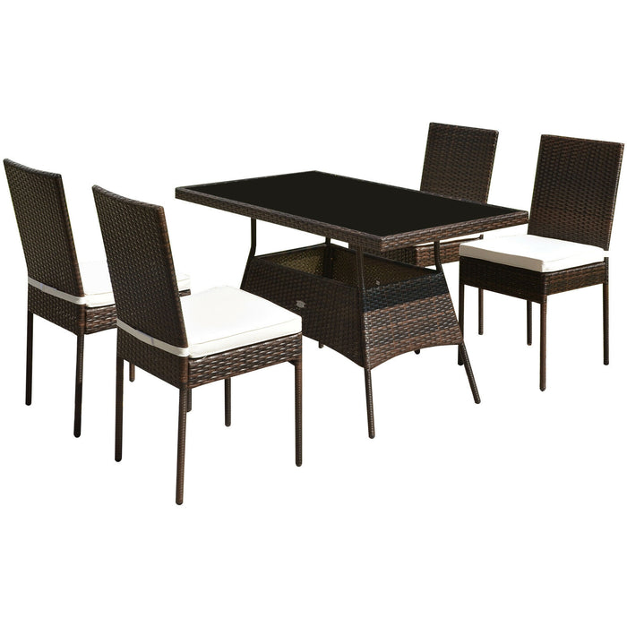 5 Pieces Rattan Dining Set Glass Table High Back Chair