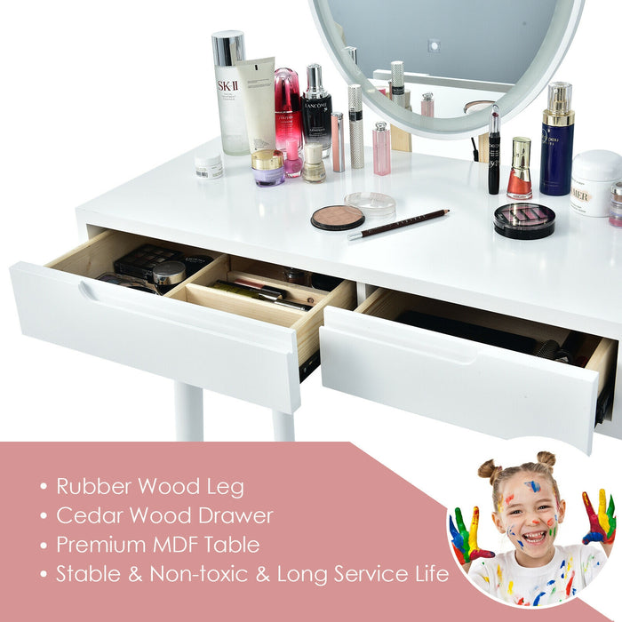 Touch Screen Vanity Makeup Table Stool Set with Lighted Mirror-White