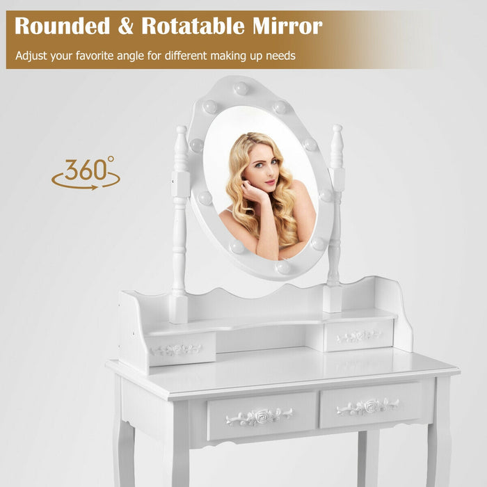 Makeup Vanity Dressing Table Set with Dimmable Bulbs Cushioned Stool-White