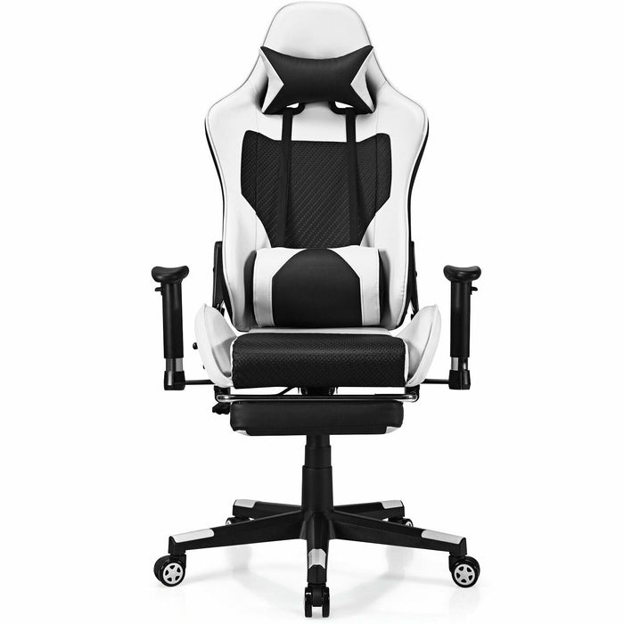 PU Leather Gaming Chair with USB Massage Lumbar Pillow and Footrest-White