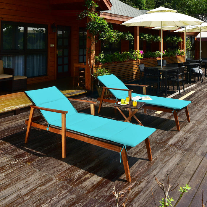 3 Pieces Portable Patio Cushioned Rattan Lounge Chair Set with Folding Table-Turquoise