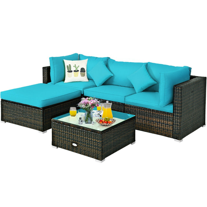 5 Pcs Outdoor Patio Rattan Furniture Set Sectional Conversation with Navy Cushions-Turquoise