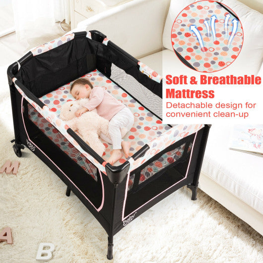 4-in-1 Convertible Portable Baby Playard with Changing Station-Pink