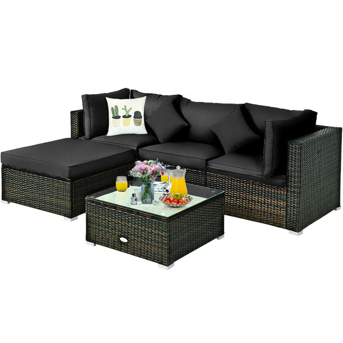 5 Pcs Outdoor Patio Rattan Furniture Set Sectional Conversation with Cushions-Black