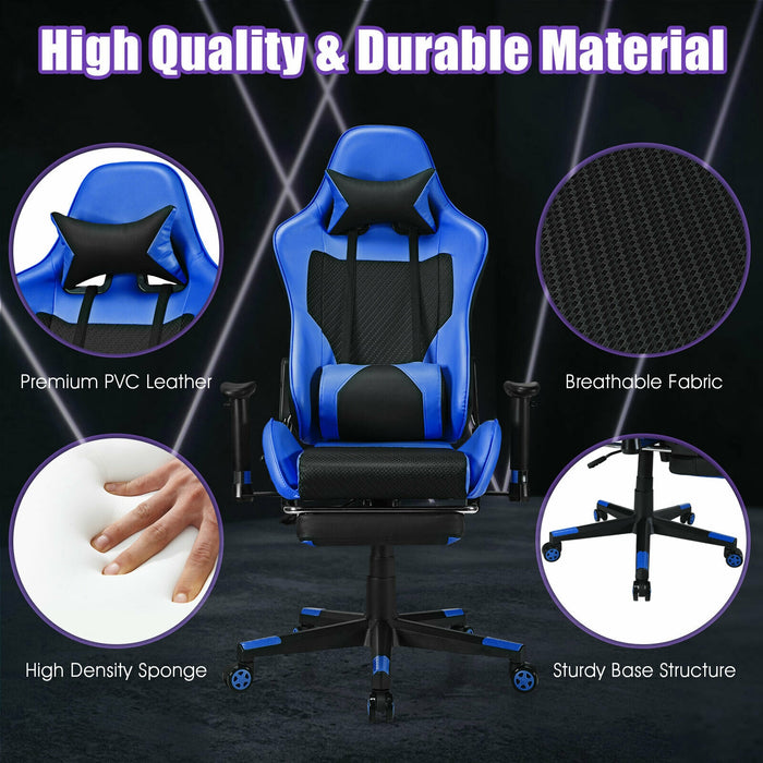 PU Leather Gaming Chair with USB Massage Lumbar Pillow and Footrest -Blue