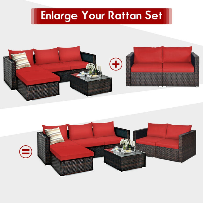 2PCS Patio Rattan Sectional Conversation Sofa Set-Red