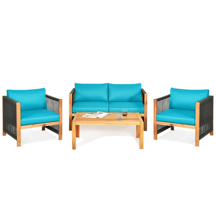 4 Pieces Acacia Wood Outdoor Patio Furniture Set with Cushions-Turquoise