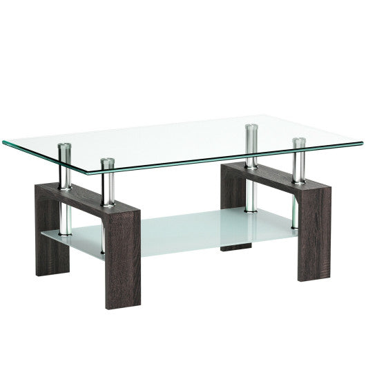 Rectangular Tempered Glass Coffee Table with Shelf-Black