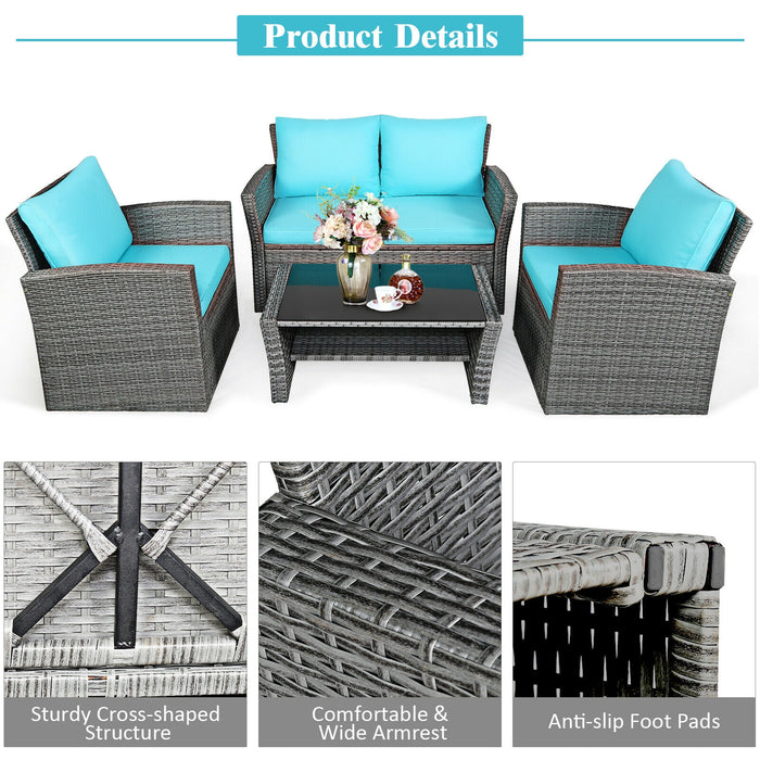 4 Pieces Patio Rattan Furniture Set Sofa Table with Storage Shelf Cushion-Turquoise