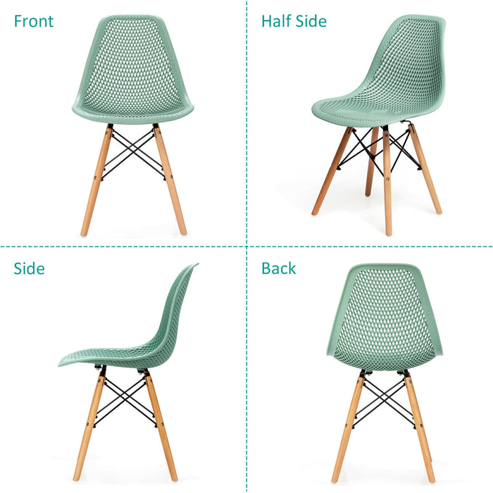 4 Pieces Modern Plastic Hollow Chair Set with Wood Leg-Green