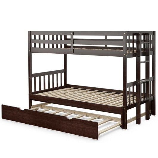 Twin Pull-Out Bunk Bed with Trundle Wooden Ladder-Espresso