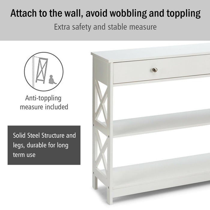 3-Tier Console Table with Drawers for Living Room Entryway-White