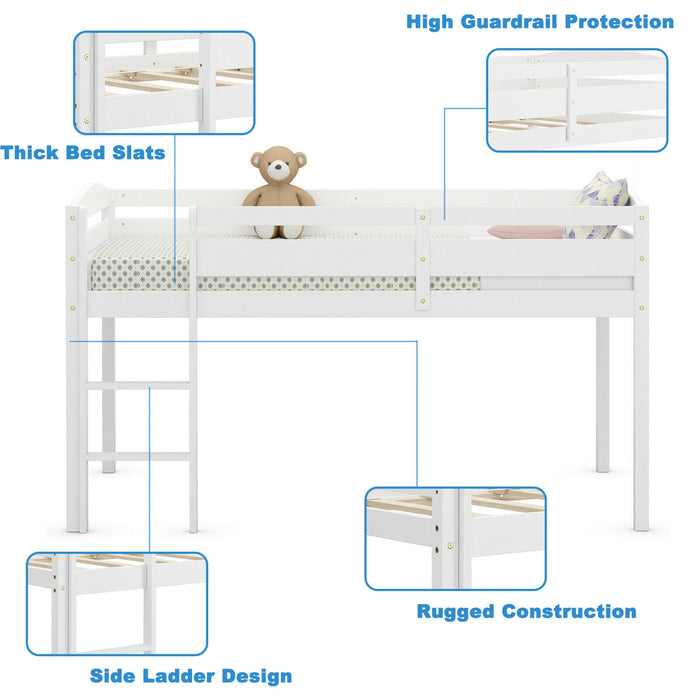 Wooden Twin Low Loft Bunk Bed with Guard Rail and Ladder-White