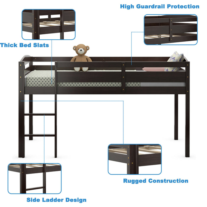 Wooden Twin Low Loft Bunk Bed with Guard Rail and Ladder-Dark Brown