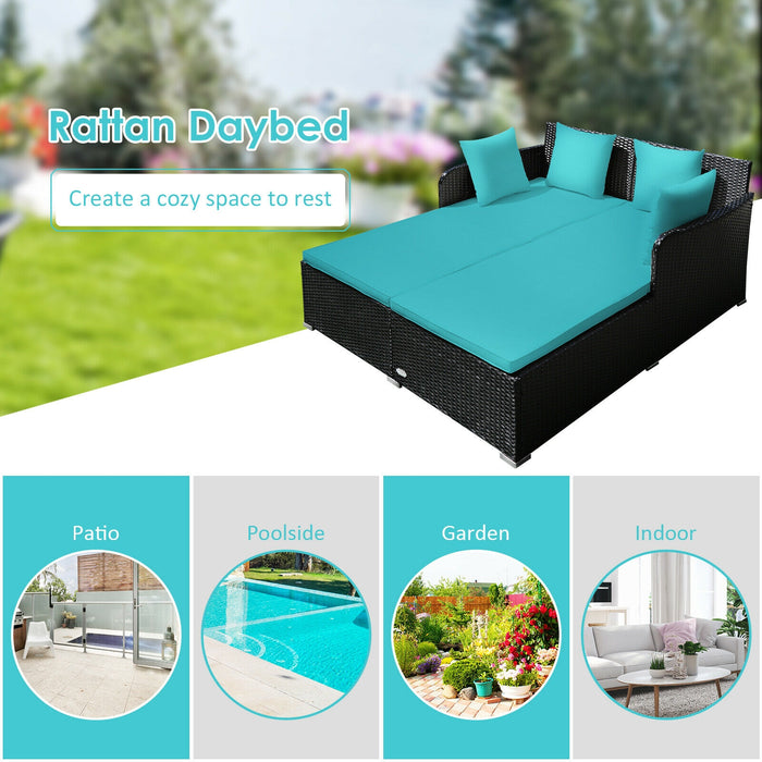 Spacious Outdoor Rattan Daybed with Upholstered Cushions and Pillows-Turquoise