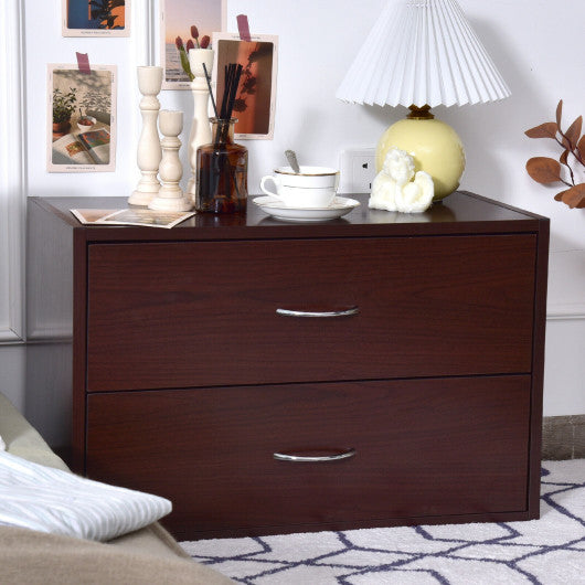 2-Drawer Dresser Horiztonal Organizer End Table Nightstand with Handle Wood-Brown