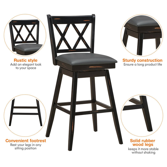 2 Pieces 29 Inches Swivel Counter Height Barstool Set with Rubber Wood Legs-Black