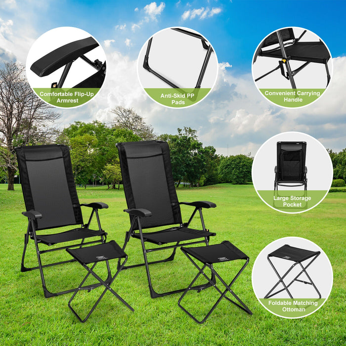 4 Pieces Patio Adjustable Back Folding Dining Chair Ottoman Set-Black