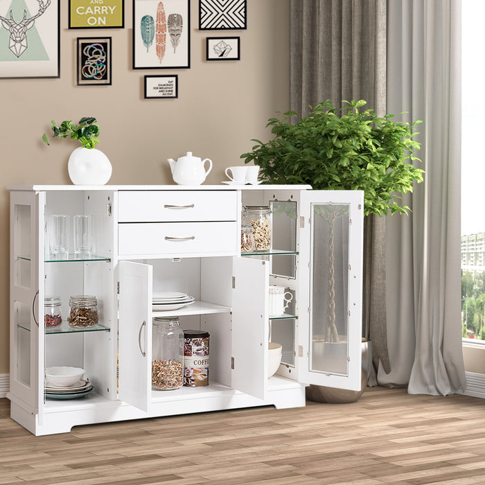 Sideboard Buffet Server Storage Cabinet with 2 Drawers and Glass Doors-White